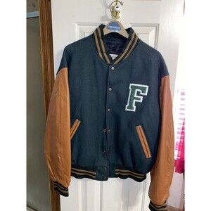 Excelled New York Varsity Letterman Leather & WOOL Green Jacket USA L Outerwear